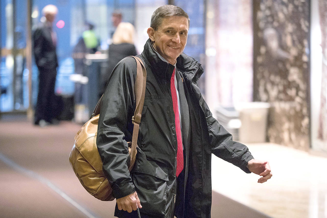 In this Jan. 3 photo, Michael Flynn, then-President-elect Donald Trump’s nominee for National Security Adviser, arrives at Trump Tower in New York. (AP Photo/Andrew Harnik, File)