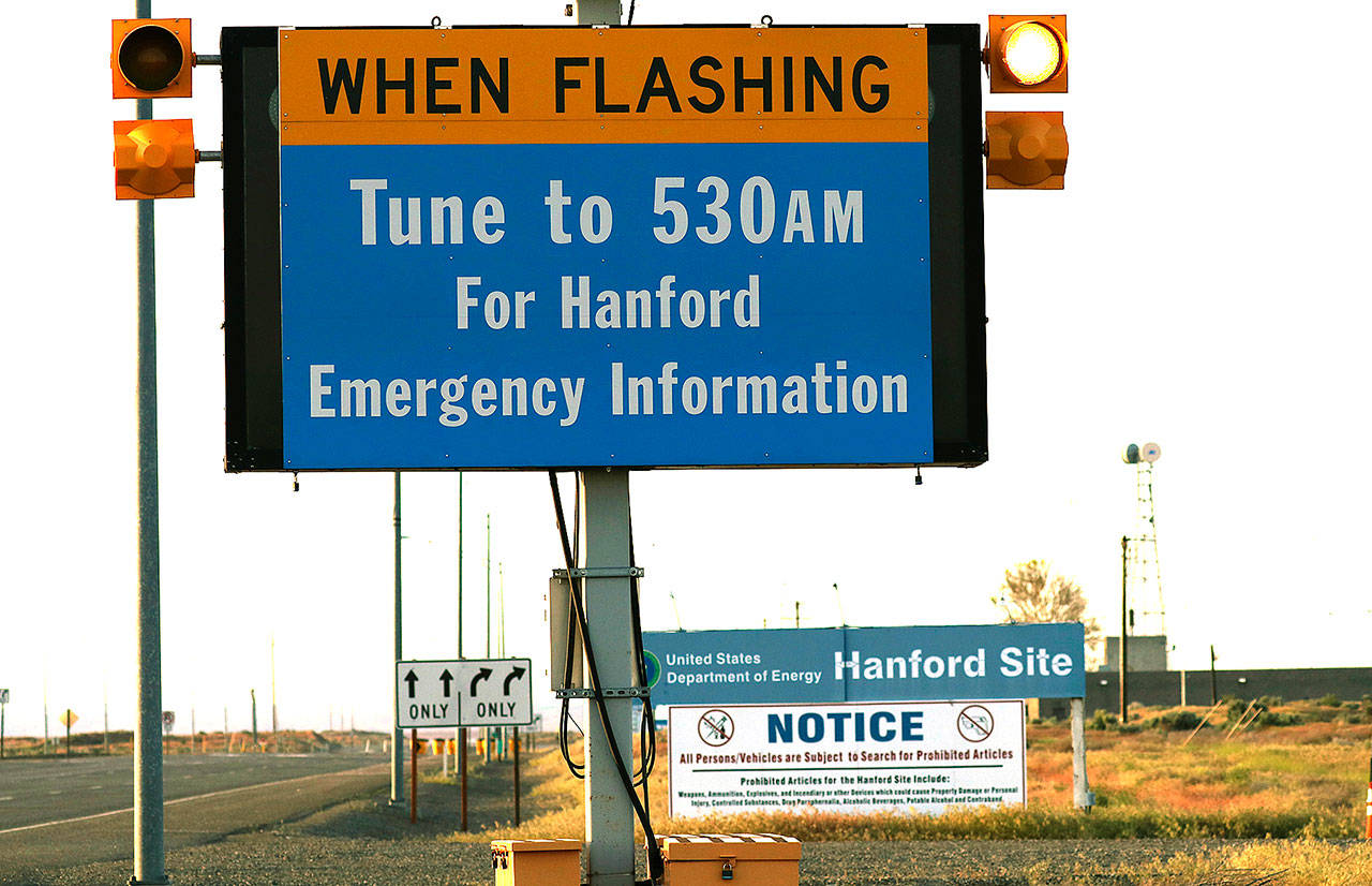 Manuel Valdes / associated press                                 An emergency sign flashes at the Hanford Nuclear Reservation on Tuesday in Richland.