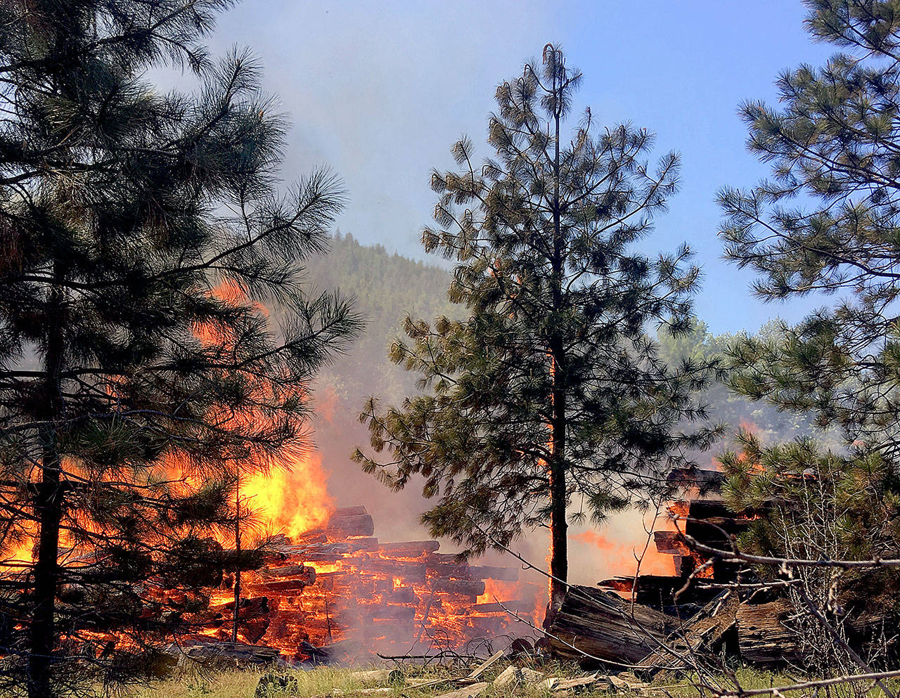 A pile of logs burns near Leavenworth. The wildfire started at an old log-storage site and prompted evacuation orders for homes and cabins. (Ben Torkelson/Chelan County Fire District 3 via AP)