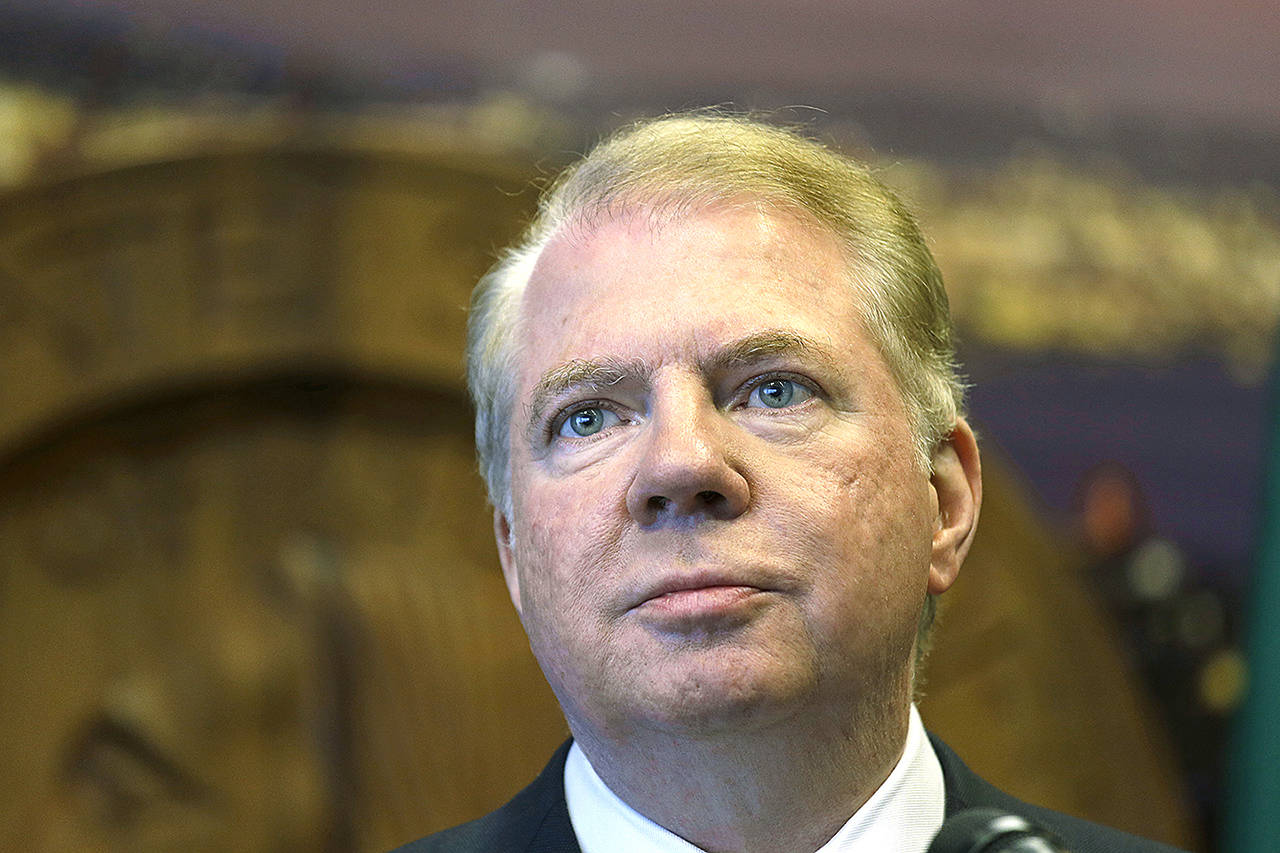 Seattle Mayor Ed Murray listens to a question during a news conference about his new proposal for a soda tax Thursday, April 27, in Seattle. (AP Photo/Elaine Thompson)