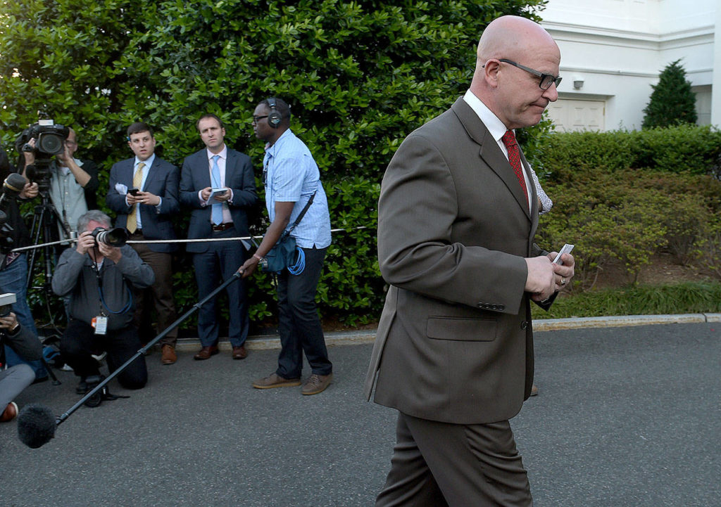 National Security Adviser H.R. McMaster walks back to the West Wing of the White House in Washington on Monday after speaking to the media. (AP Photo/Susan Walsh) 
