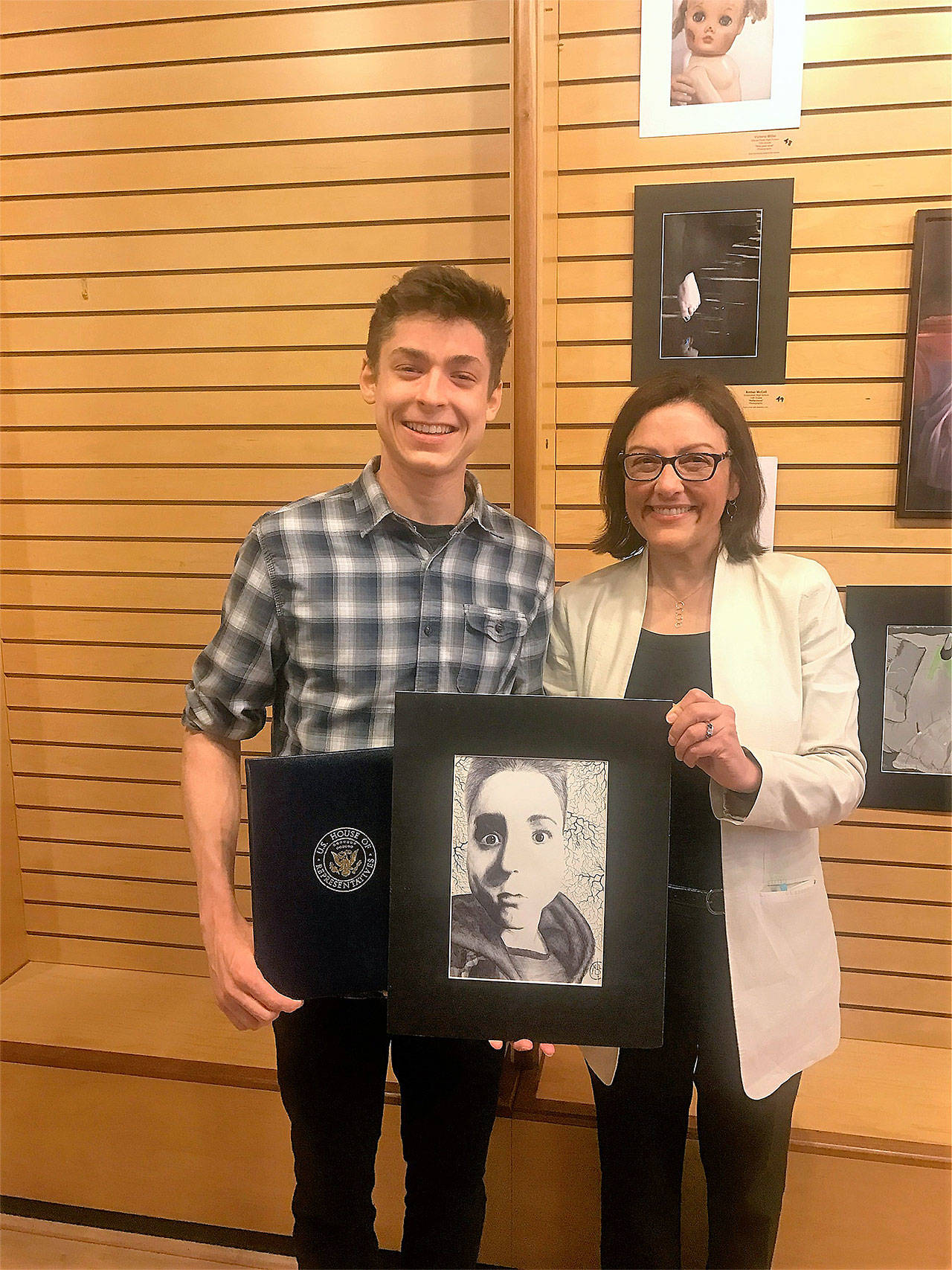 Congresswoman Suzan DelBene congratulates Nate McGaw from Glacier Peak High School on winning the 2017 Congressional Art Competition for Washington’s First District. (Contributed photo)