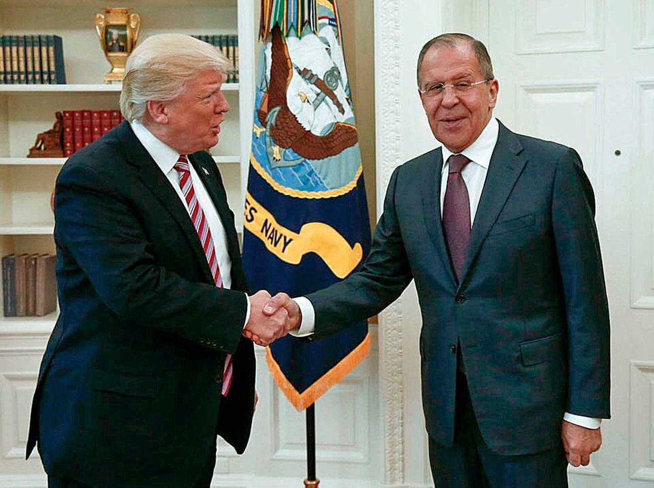 President Donald Trump shakes hands with Russian Foreign Minister Sergey Lavrov in the White House on Wednesday. (Russian Foreign Ministry)