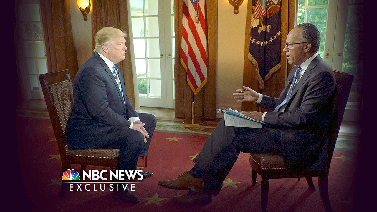 President Donald Trump (left) is interviewed by NBC’s Lester Holt on Thursday. (Joe Gabriel/NBC News via AP)
