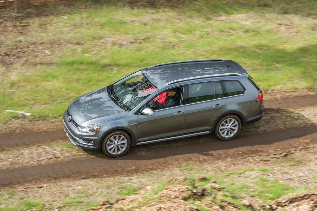 The 2017 Volkswagen Golf Alltrack S 4Motion rolls on the off-road portion of The Ridge Motorsports Park during Mudfest. It was voted the best premium compact utility vehicle by the Northwest Automotive Press Association. (Josh Mackey / NWAPA)
