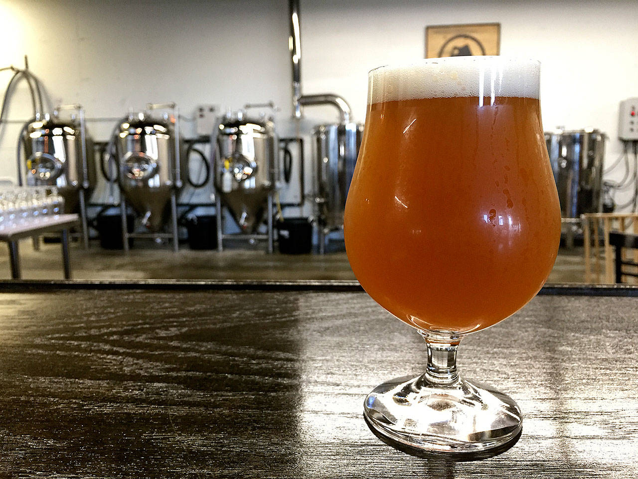 The Chicago Typewriter is a New England-style IPA made with Falconer 7, Mosaic and Citra hops. (Photo by Aaron Swaney)
