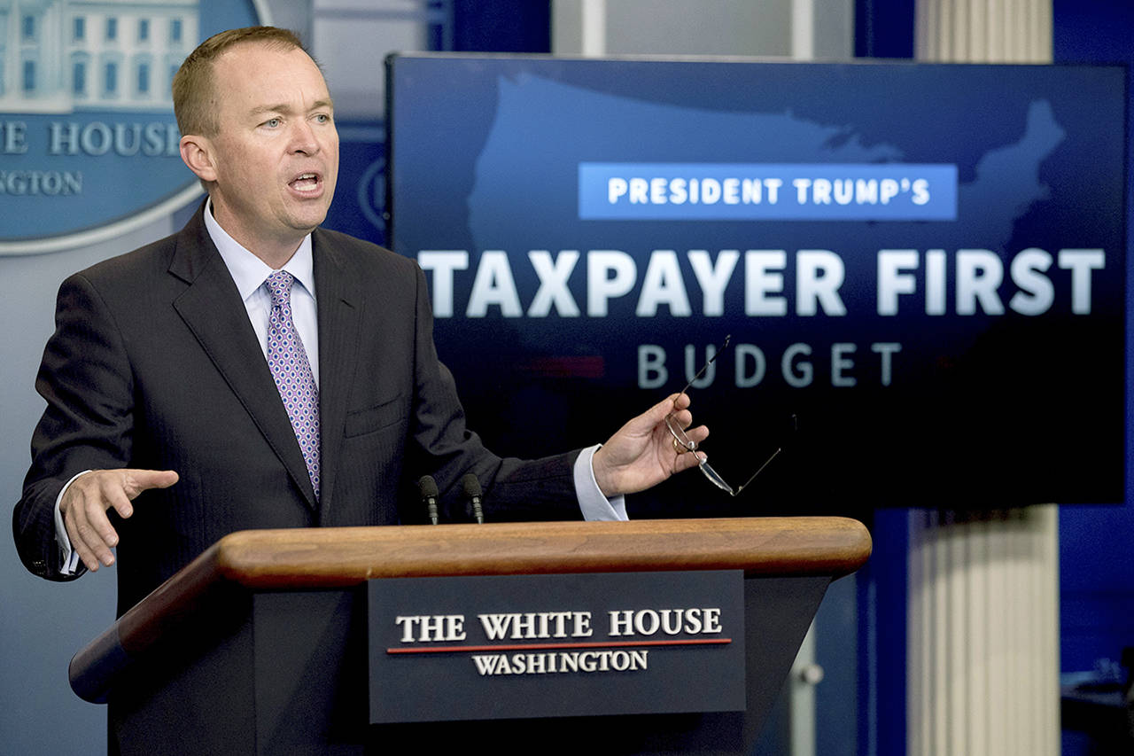 Budget Director Mick Mulvaney speaks to the media about President Donald Trump’s proposed fiscal 2018 federal budget in the Press Briefing Room of the White House in Washington on Tuesday, May 23. (AP Photo/Andrew Harnik)