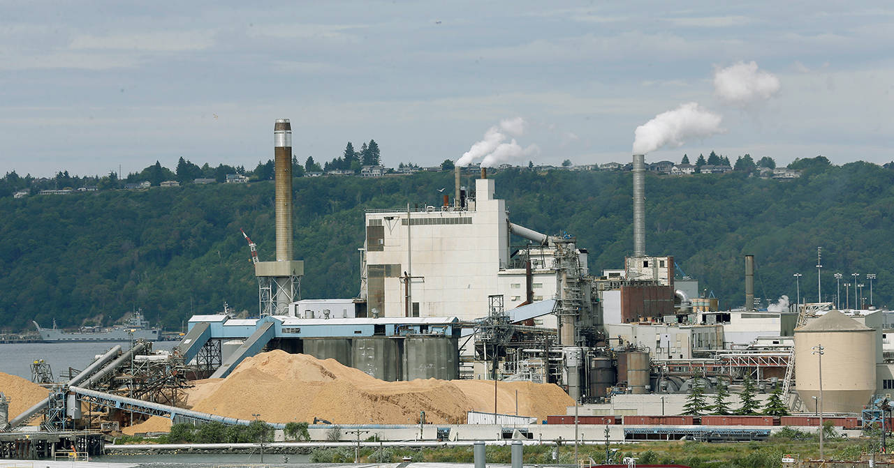 Piles of wood chips sit near the RockTenn paper mill in Tacoma in June 2016. (AP Photo/Ted S. Warren, File)