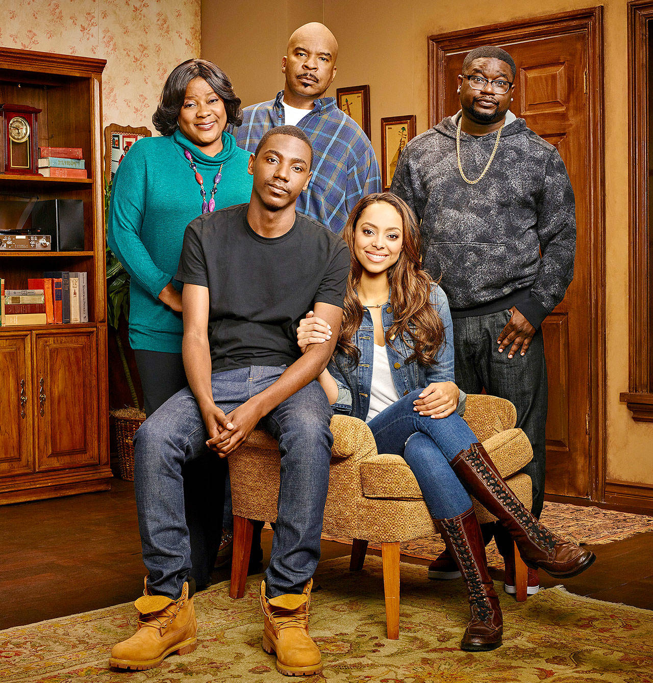 The cast of “The Carmichael Show,” which returns May 31: From left, Loretta Devine as Cynthia Carmichael, Jerrod Carmichael as himself, David Alan Grier as Joe Carmichael, Amber Stevens West as Maxine, and Lil Rey Howery as Bobby Carmichael. (NBC)