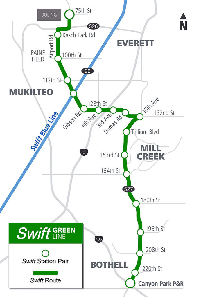 Community Transit is starting work on its Swift Green Line to connect the aerospace center at Paine Field and Boeing’s Everett plant with the Canyon Park technology hub in Bothell. (Community Transit map)
