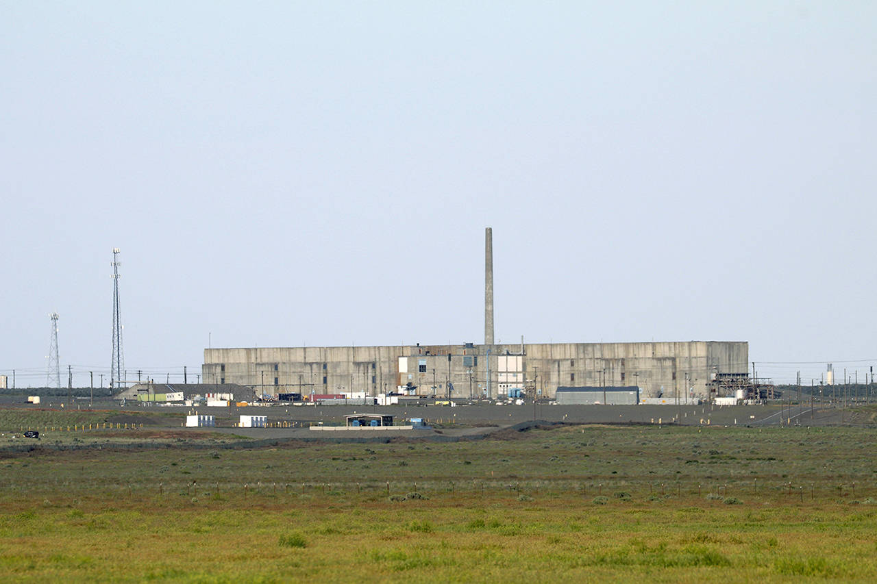 A structure is seen at the Hanford Nuclear Reservation in Benton County on Tuesday, May 9. A portion of an underground tunnel containing rail cars filled with radioactive waste collapsed at a sprawling storage facility in a remote area of Washington state, forcing an evacuation of some workers at the site that made plutonium for nuclear weapons for decades after World War II. (AP Photo/Manuel Valdes)