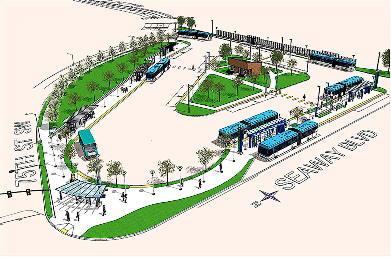 This artist’s rendering gives an aerial view of the planned Seaway Transit Center near Boeing’s Everett plant. (Contributed)