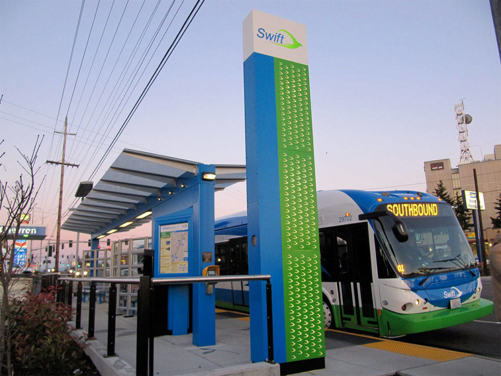 Community Transit will be building 30 Swift bus line stations, similar to this one in Everett, on the new Green Line. (Community Transit photo)
