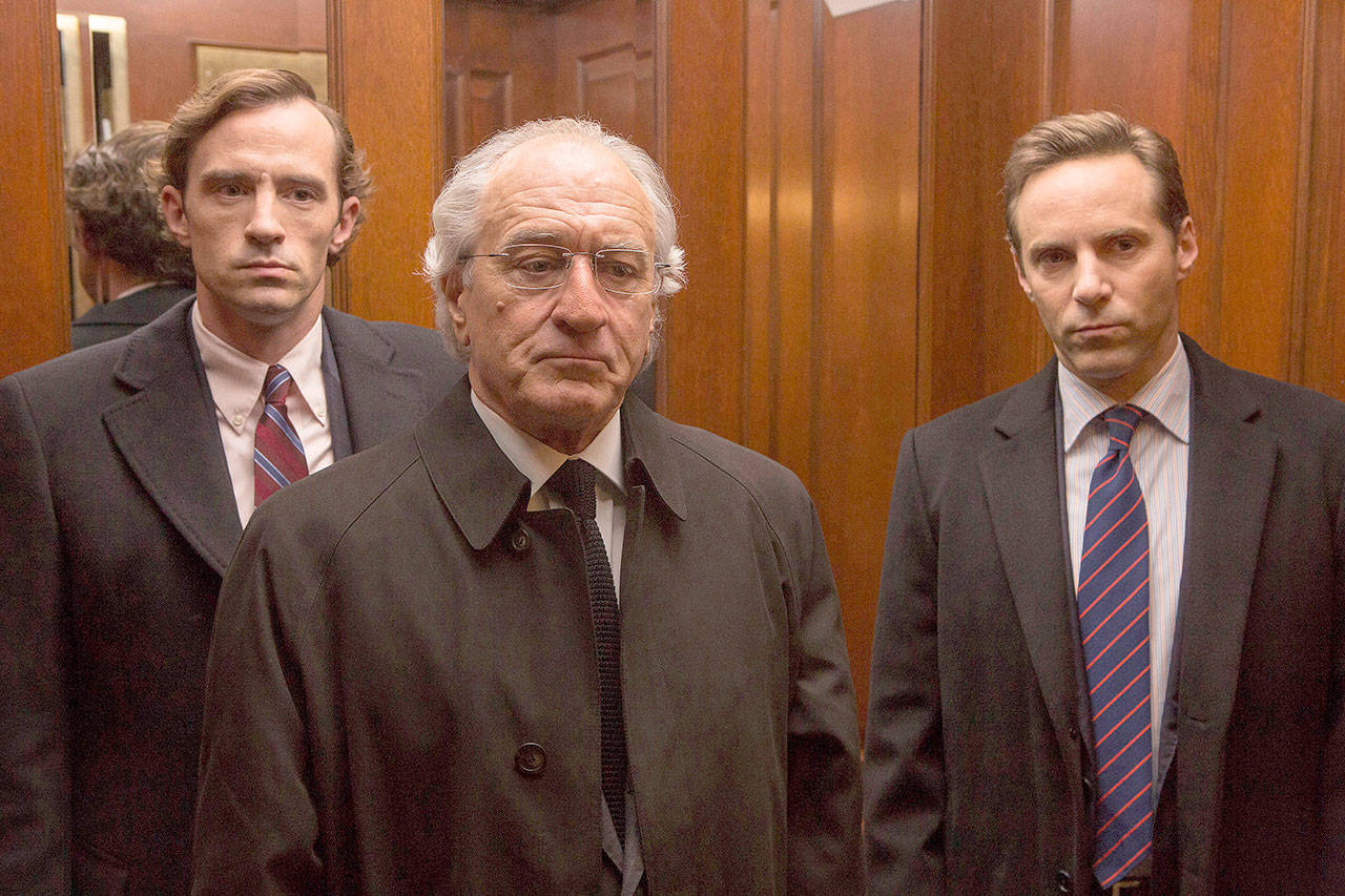 Nathan Darrow as Andrew Madoff, Robert De Niro as Bernie Madoff and Alessandro Nivola as the doomed Mark Madoff in HBO’s “The Wizard of Lies.” (HBO)