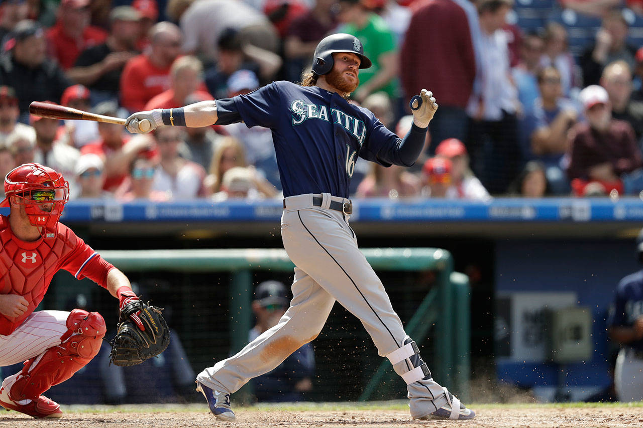 The Mariners’ Ben Gamel bats during a game against the Phillies on May 10, 2017, in Philadelphia. (AP Photo/Matt Slocum)