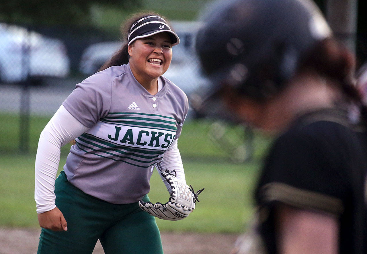 Jackson’s Iyanla Pennington celebrates a strikeout during the 4A district championship game against Lake Stevens on May 18, 2017, at Phil Johnson Ballfields in Everett. (Kevin Clark / The Herald)