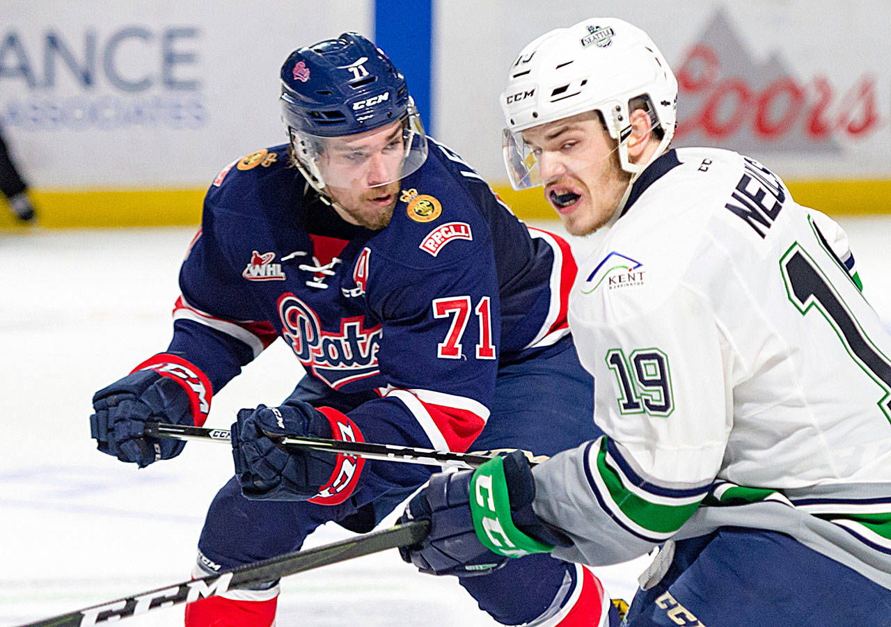 Former Everett Silvertip Dawson Leedahl (left) is a member of the Regina Pats team that is playing Seattle in the Western Hockey League finals. (Brian Liesse/Seattle Thunderbirds)