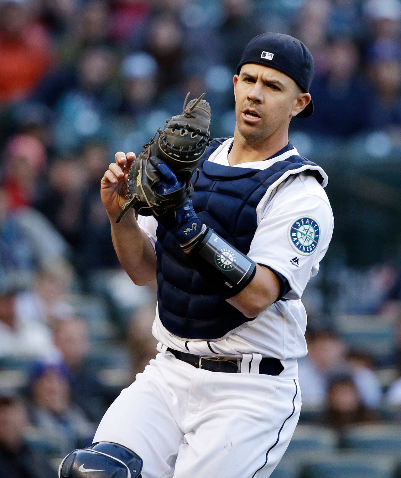 Tuffy Gosewisch, a 33-year-old catcher, was called up by the Seattle Mariners last week when Mike Zunino was sent to Triple-A Tacoma. (AP Photo/Elaine Thompson)