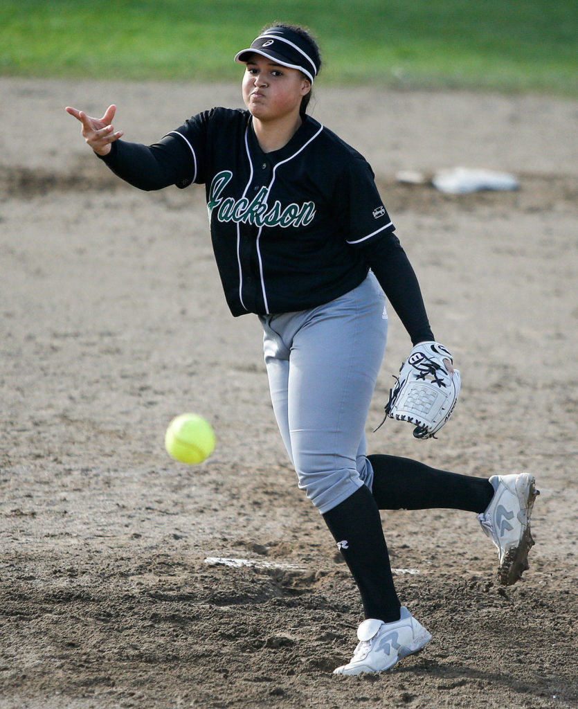 Jackson pitcher Iyanla Pennington delivers a pitch during a game against Monroe at Jackson High School on Friday, March 31, 2017. (Ian Terry / The Herald)
