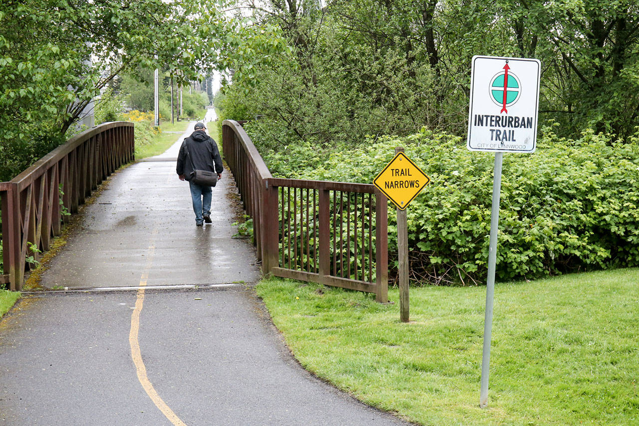 The Interurban Trail has plans for improvement near the Transit Center in Lynnwood. (Kevin Clark / The Herald)
