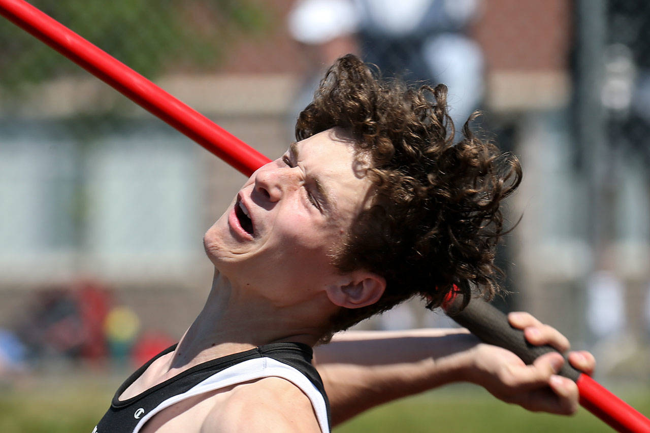 Mountlake Terrace’s Brandon Bach throws the javelin during the state track and field championships on May 26, 2017, at Mount Tahoma High School in Tacoma. Bach took first place with 187 feet, 10 inches. (Kevin Clark / The Herald)