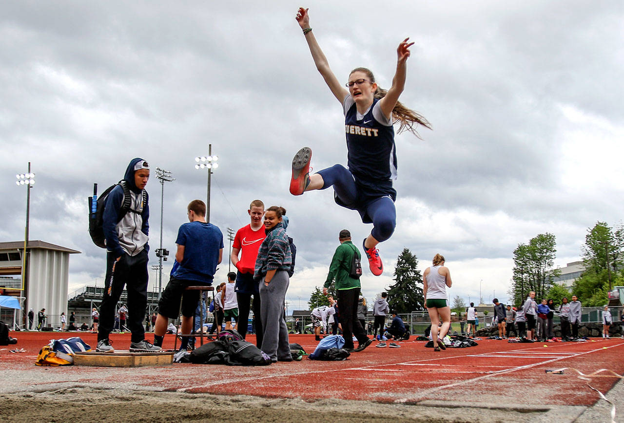 Everett’s Christina Blackmon competes in the long jump during the Everett School District Championship on Friday at Everett Memorial Stadium. Blackmon and Seagulls teammate Marlena Urvater tied for first with jumps of 16 feet, 5 inches. (Kevin Clark / The Herald)