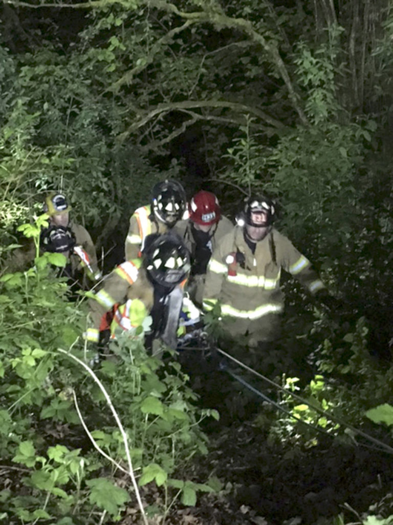 A motor vehicle collision near Monroe resulted in a low-angle rescue. (Snohomish County Fire District 7)
