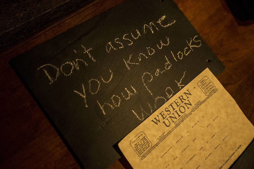 A message is written in the new Escape Scene’s Deadwood room in Everett. (Ian Terry / The Herald)
