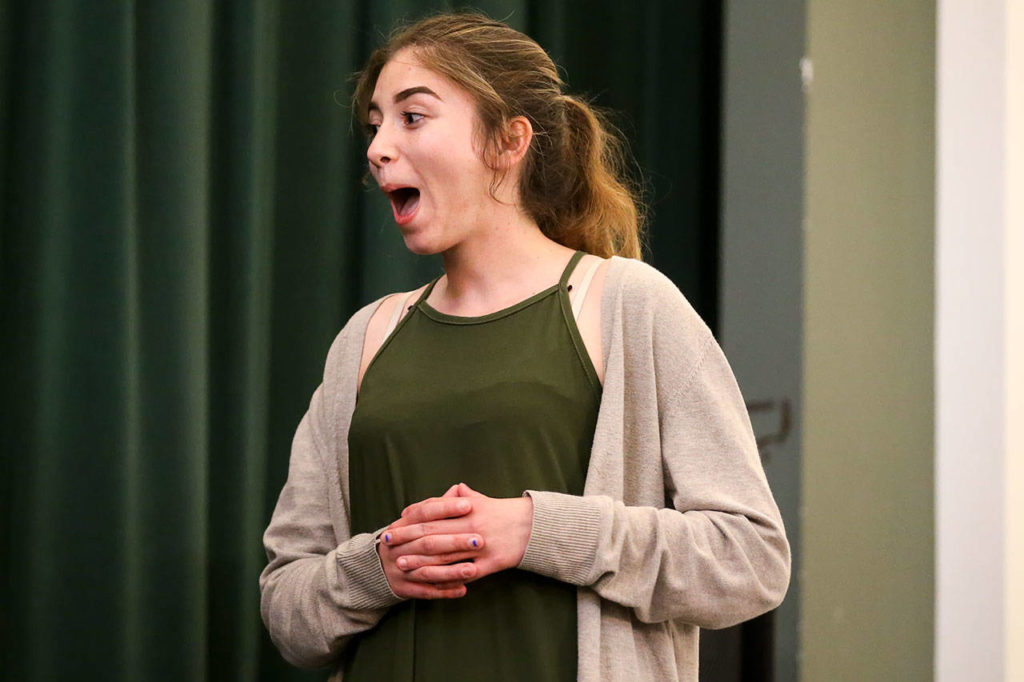 Kennedy Lentini reacts to her scholarship amount Wednesday at Marysville Arts & Technology High School. (Kevin Clark / The Herald)
