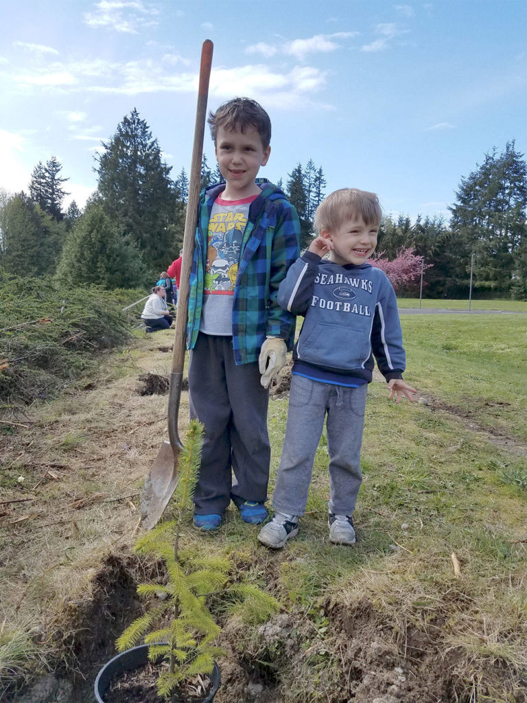 Brothers Jasper (left) and Joe Hollenbach place a tree for planting at Alderwood Early Childhood Center. (Contributed photo)
