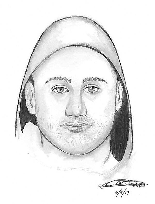 An artist’s rendering of the suspect sought by the Snohomish Police Department and Snohomish County Sheriff’s Office in connection with an assault on Wednesday. (Snohomish County Sheriff’s Office)