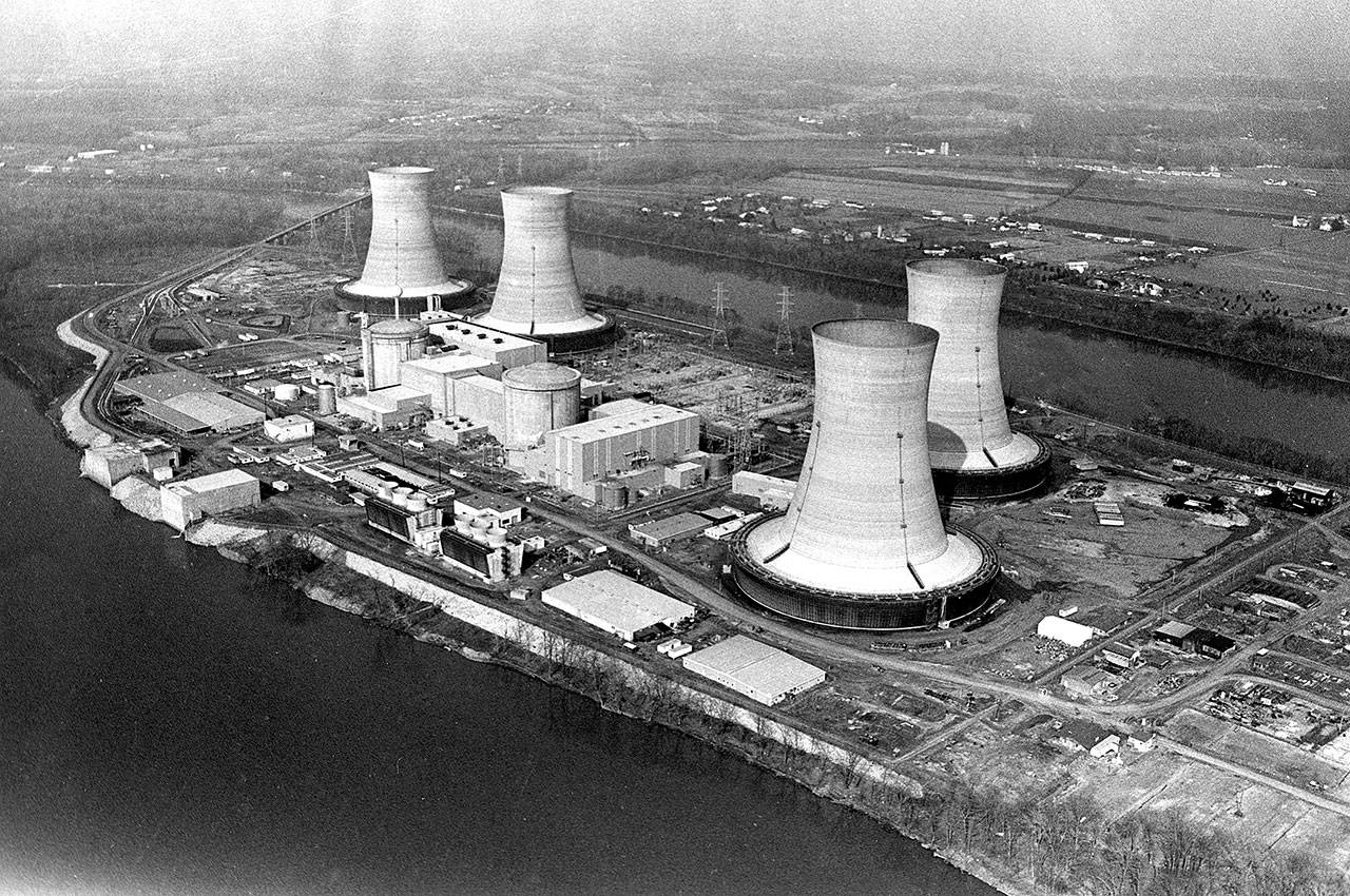 This March 30, 1979, file photo shows an aerial view of the Three Mile Island nuclear power plant near Harrisburg, Pennsylvania. Exelon Corp., the owner of Three Mile Island, site of the United States’ worst commercial nuclear power accident, said Monday it will shut down the plant in 2019 without a financial rescue from Pennsylvania. (AP Photo/Barry Thumma, File)