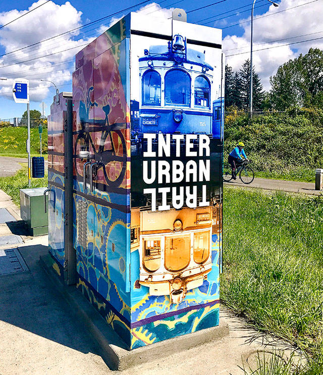 A new public art installation using a traffic signal box at Alderwood Mall Boulevard and 40th Avenue W. in Lynnwood. (Photo by Andrea Brown)