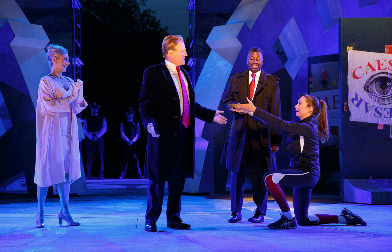 Tina Benko (left) portrays Melania Trump in the role of Caesar’s wife, Calpurnia, and Gregg Henry, center left, portrays President Trump in the role of Julius Caesar during a dress rehearsal of The Public Theater’s Free Shakespeare in the Park production of Shakespeare’s “Julius Caesar” in New York. Teagle F. Bougere (center right) performs as Casca, and Elizabeth Marvel (right) as Marc Anthony. (Joan Marcus/The Public Theater via AP)