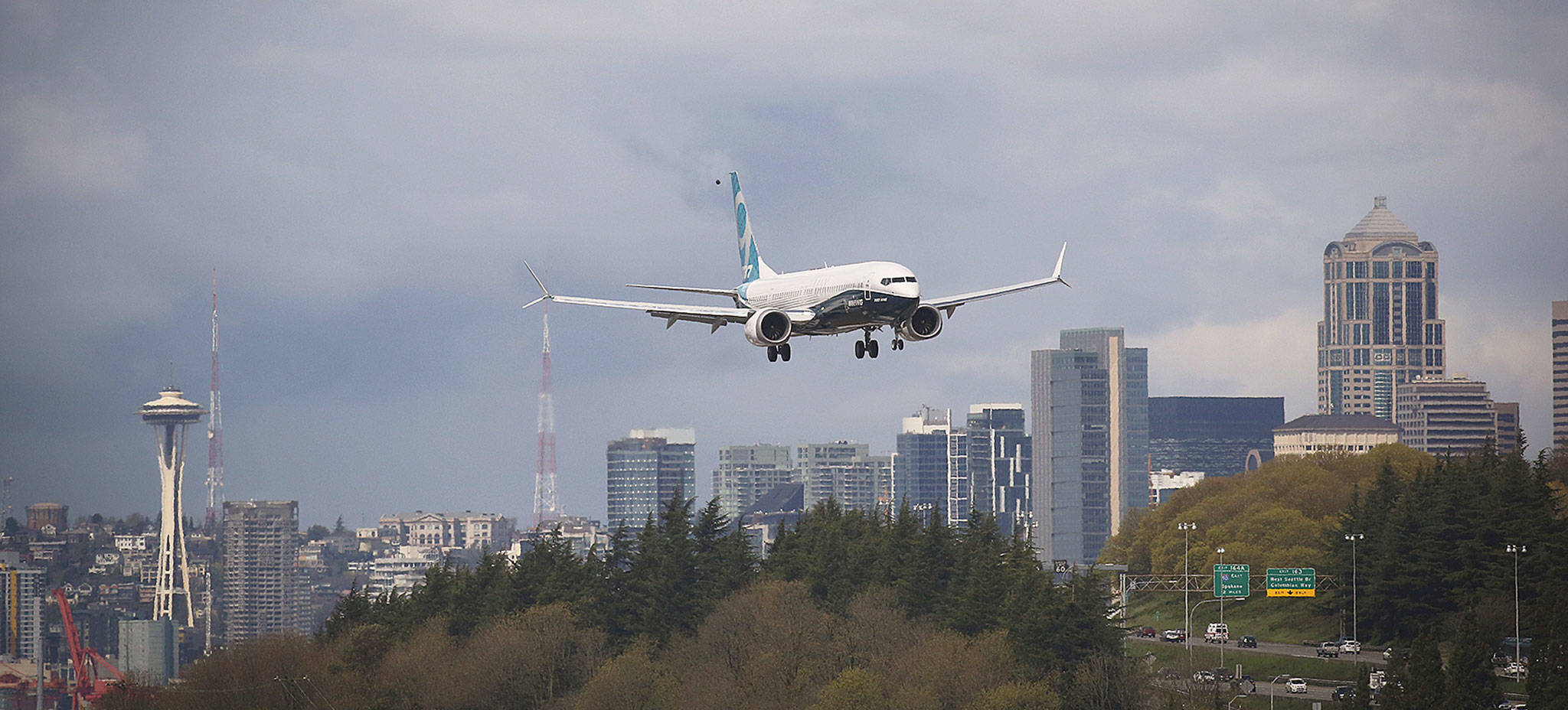 The Boeing 737 MAX 9 completed its first flight April 13. The plane is seen here landing at Boeing Field in Seattle. (Craig Larsen / Boeing Co.)