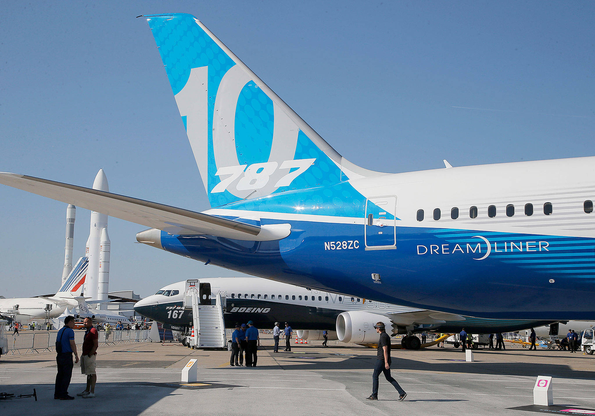 A Boeing 787-10 Dreamliner at the Paris Air Show in Le Bourget, France, on Sunday. (AP Photo/Michel Euler)