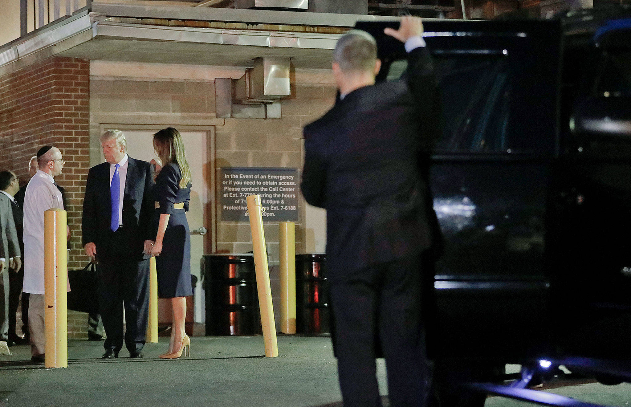 President Donald Trump and first lady Melania Trump talk with Dr. Ira Y. Rabin (left) as they prepare to leave MedStar Washington Hospital Center in Washington on Wednesday, where House Majority Leader Steve Scalise of Louisiana. was taken after being shot in Alexandria, Virginia. (AP Photo/Pablo Martinez Monsivais)