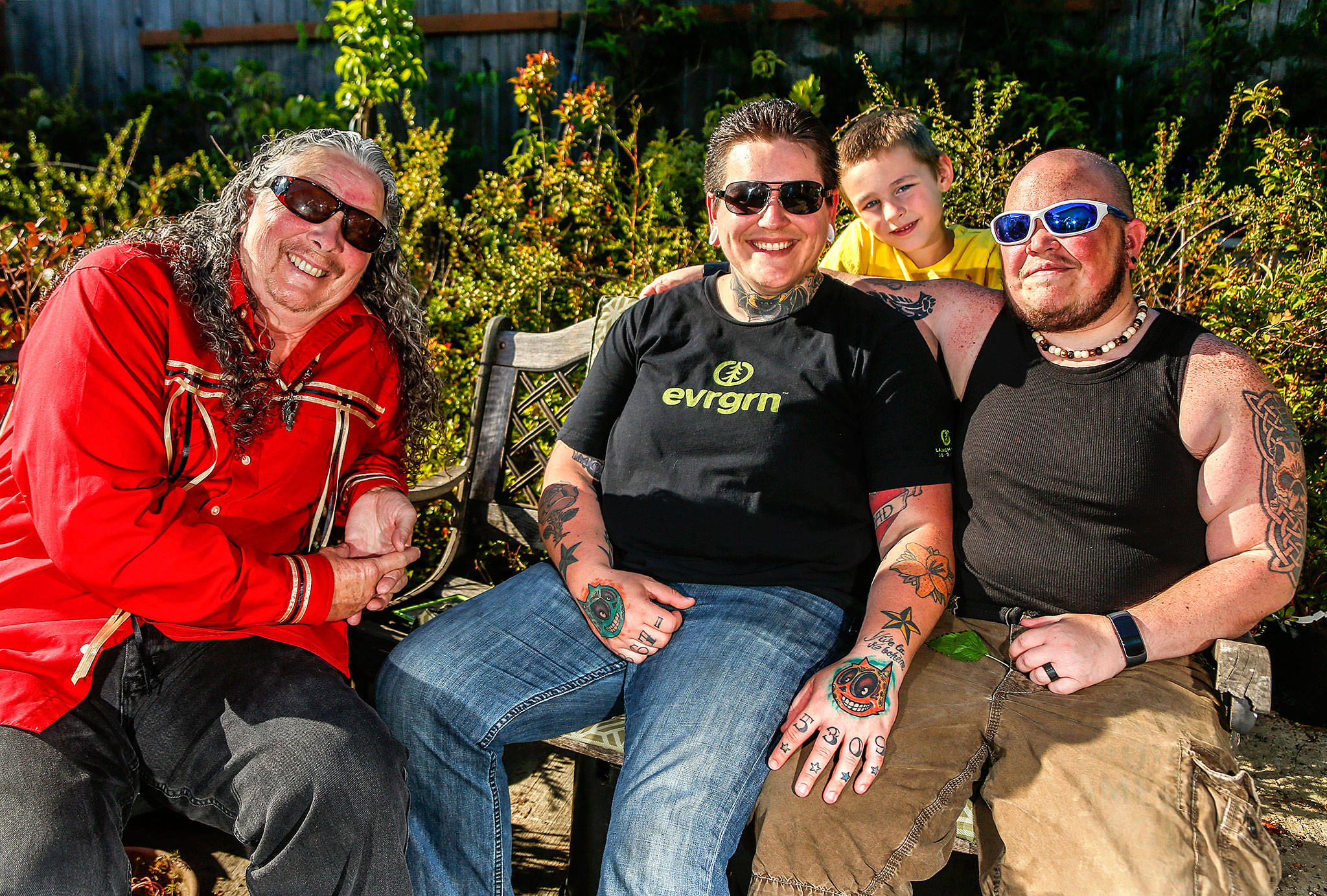 Phoenix Benner, left, Adair and Tiko Gearhart and son, Micah, 6, get together Monday in Marysville. Benner and others started the SnoHomo Pride Festival, a first-ever local event for LGBTQ people and their friends, families and allies. The free, family-friendly event will be held July 23 at Everett’s American Legion Park. (Dan Bates / The Herald)