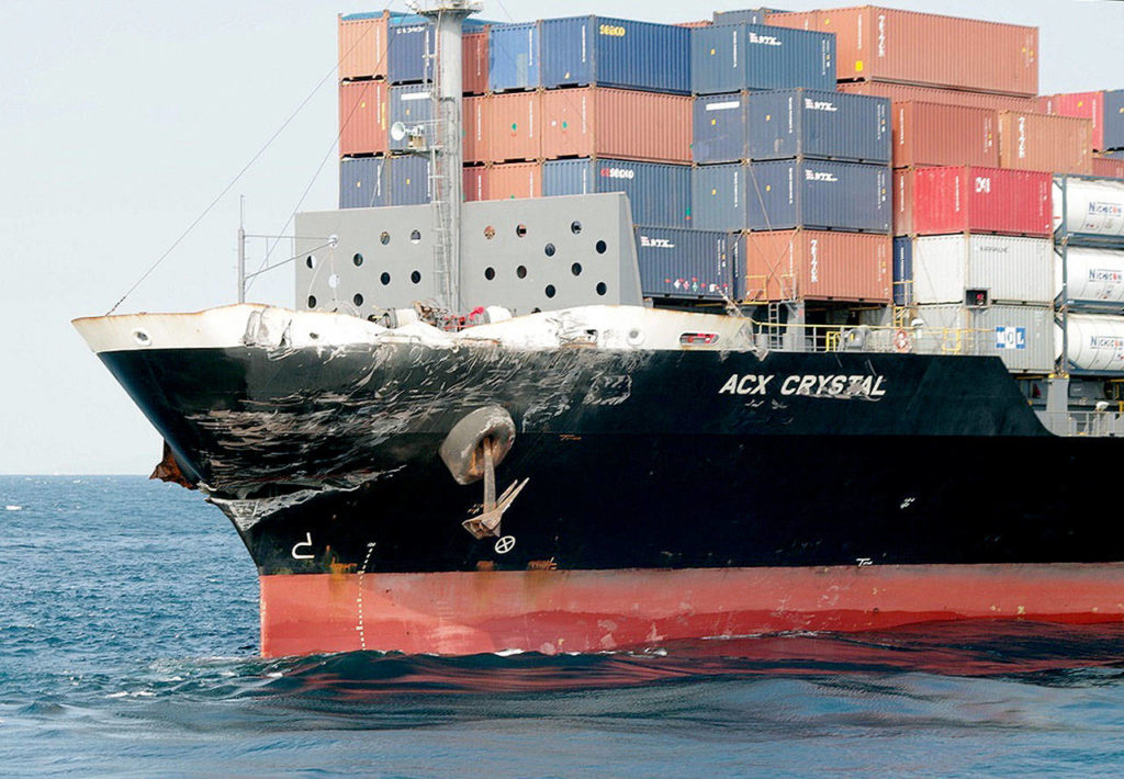 The damaged Philippine-registered container ship ACX Crystal is seen in the waters off Izu Peninsula, southwest of Tokyo, on Saturday. (Japan’s 3rd Regional Coast Guard Headquarters via AP, File)
