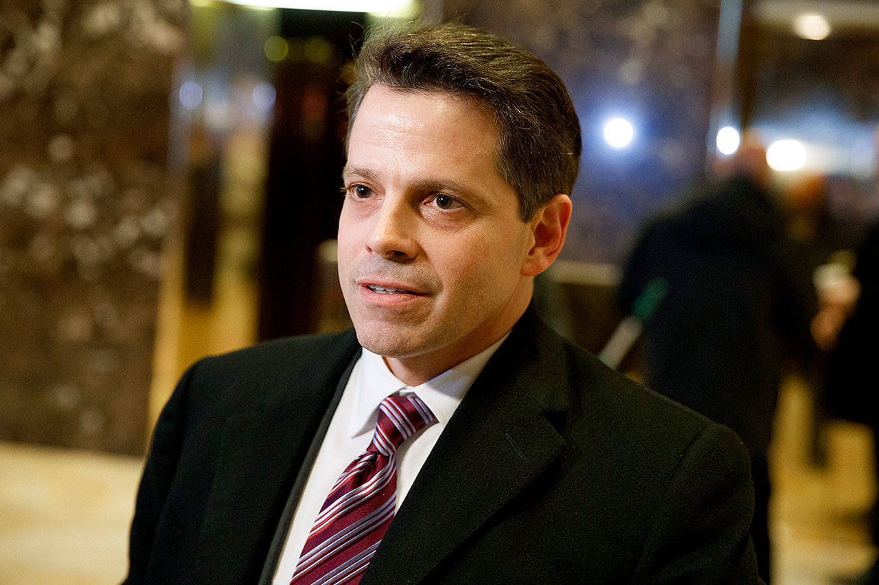 Anthony Scaramucci, then a senior adviser to President-elect Donald Trump, talks to reporters in the lobby of Trump Tower in New York early this year. CNN has retracted a story posted Thursday on its website that said Senate investigators were looking into a meeting between Scaramucci and Kirill Dmitriev, whose Russian Direct Investment Fund guides investments by U.S. entities in Russia. (AP Photo/Evan Vucci, File)