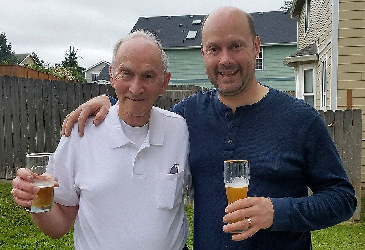 5 Rights Brewing owner and head brewer R.J. Whitlow (right) celebrates with his father, Bobby Whitlow, on Father’s Day after 5 Rights was named 2017 Small Brewery of the Year at the Washington Brewer’s Festival. (5 Rights Brewing Co.)