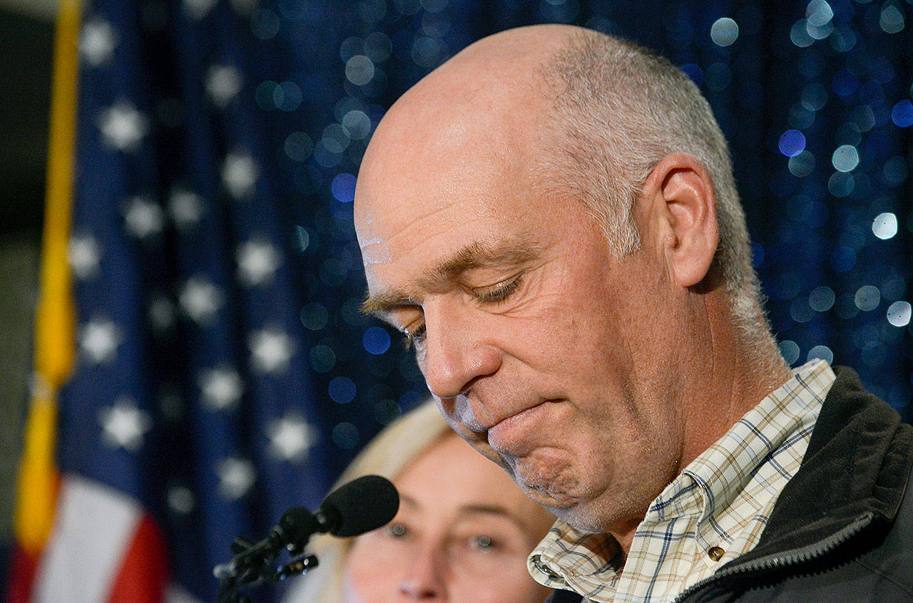 Greg Gianforte celebrates his win over Rob Quist for the open congressional seat on May 25 in Bozeman, Montana. (Rachel Leathe/Bozeman Daily Chronicle via AP)
