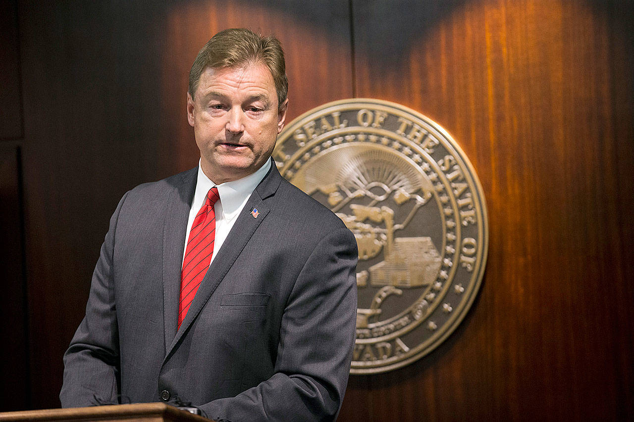 Sen. Dean Heller, R-Nev., announces he will vote no on the proposed GOP healthcare bill at the Grant Sawyer State Office Building on Friday in Las Vegas. (Erik Verduzco / Las Vegas Review-Journal)