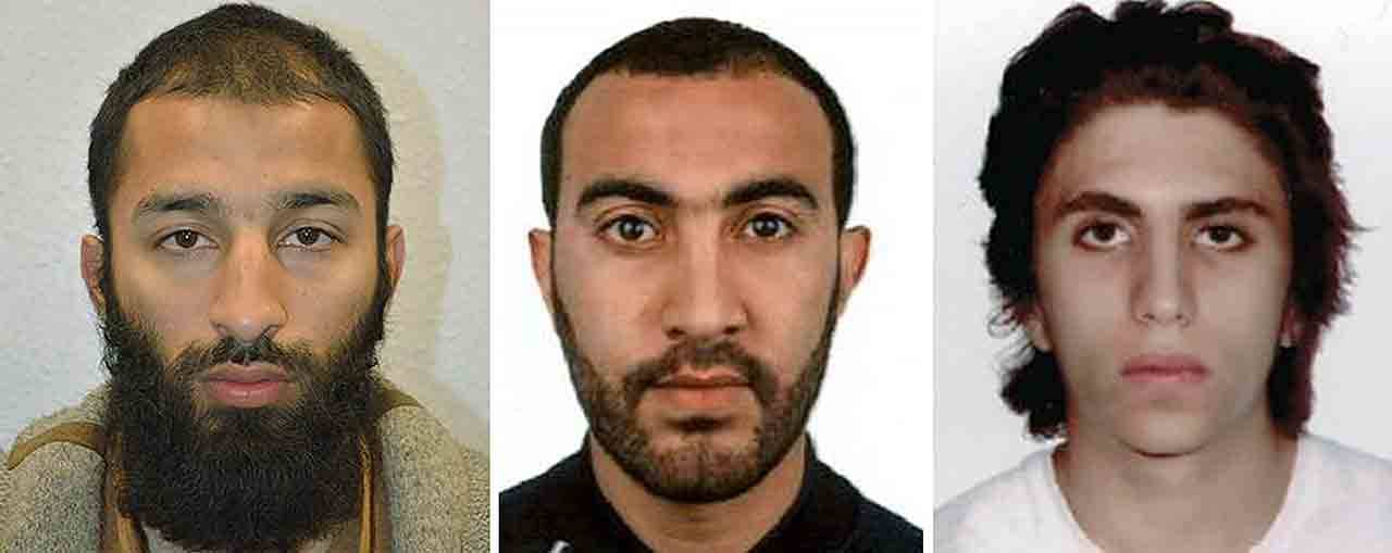 From left: Khuram Shazad Butt, Rachid Redouane and Youssef Zaghba, who have been named as the suspects in Saturday’s attack at London Bridge. (Metropolitan Police via AP)