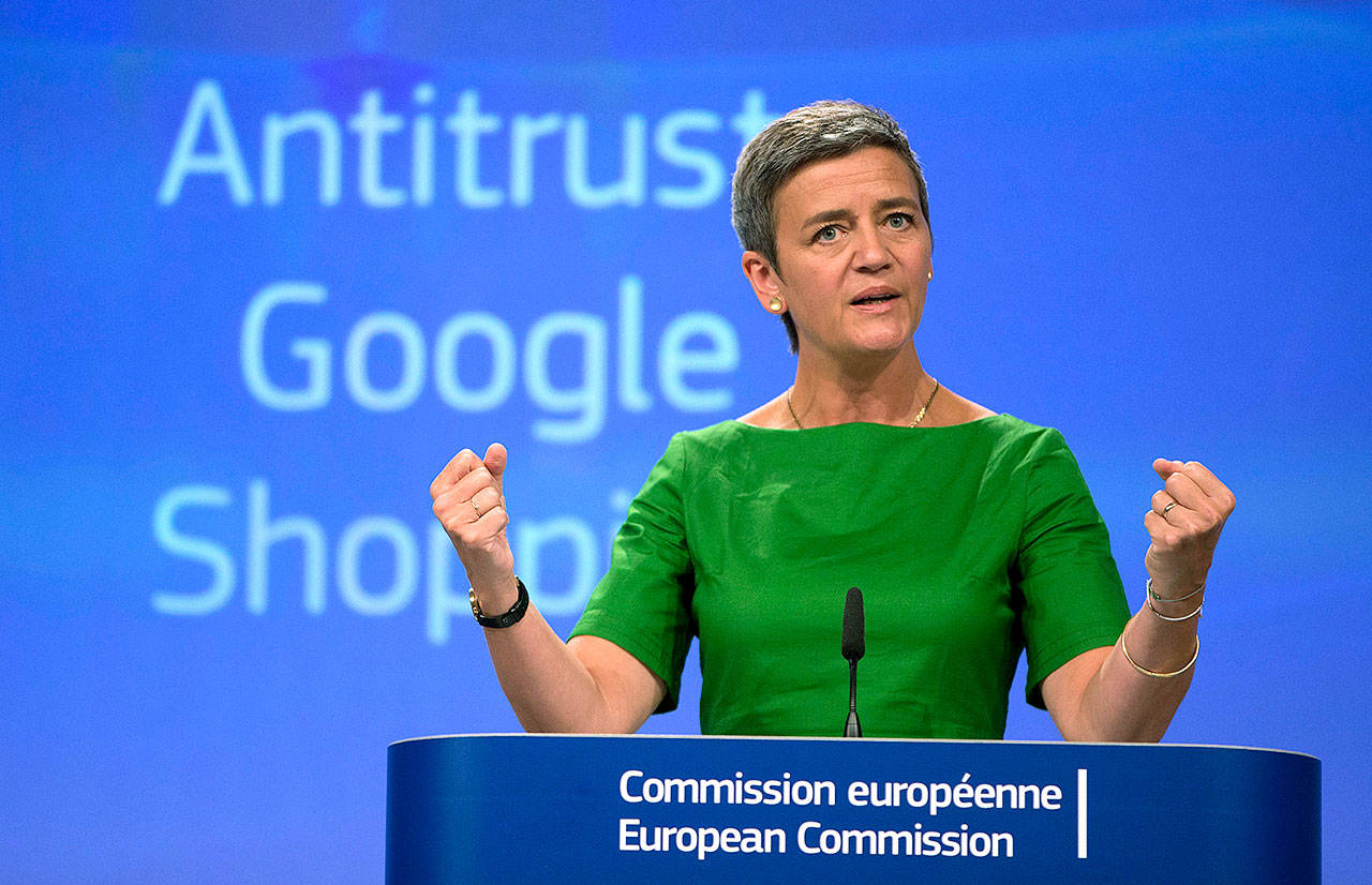 European Union Commissioner for Competition Margrethe Vestager speaks during a news conference at EU headquarters in Brussels on Tuesday. The European Union’s competition watchdog has fined internet giant Google over its online shopping service. (AP Photo/Virginia Mayo)