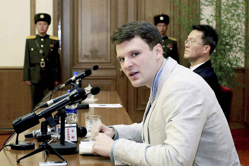 American student Otto Warmbier speaks to reporters in Pyongyang, North Korea, in 2016. He died this week after being returned to the U.S. (AP Photo/Kim Kwang Hyon, File)
