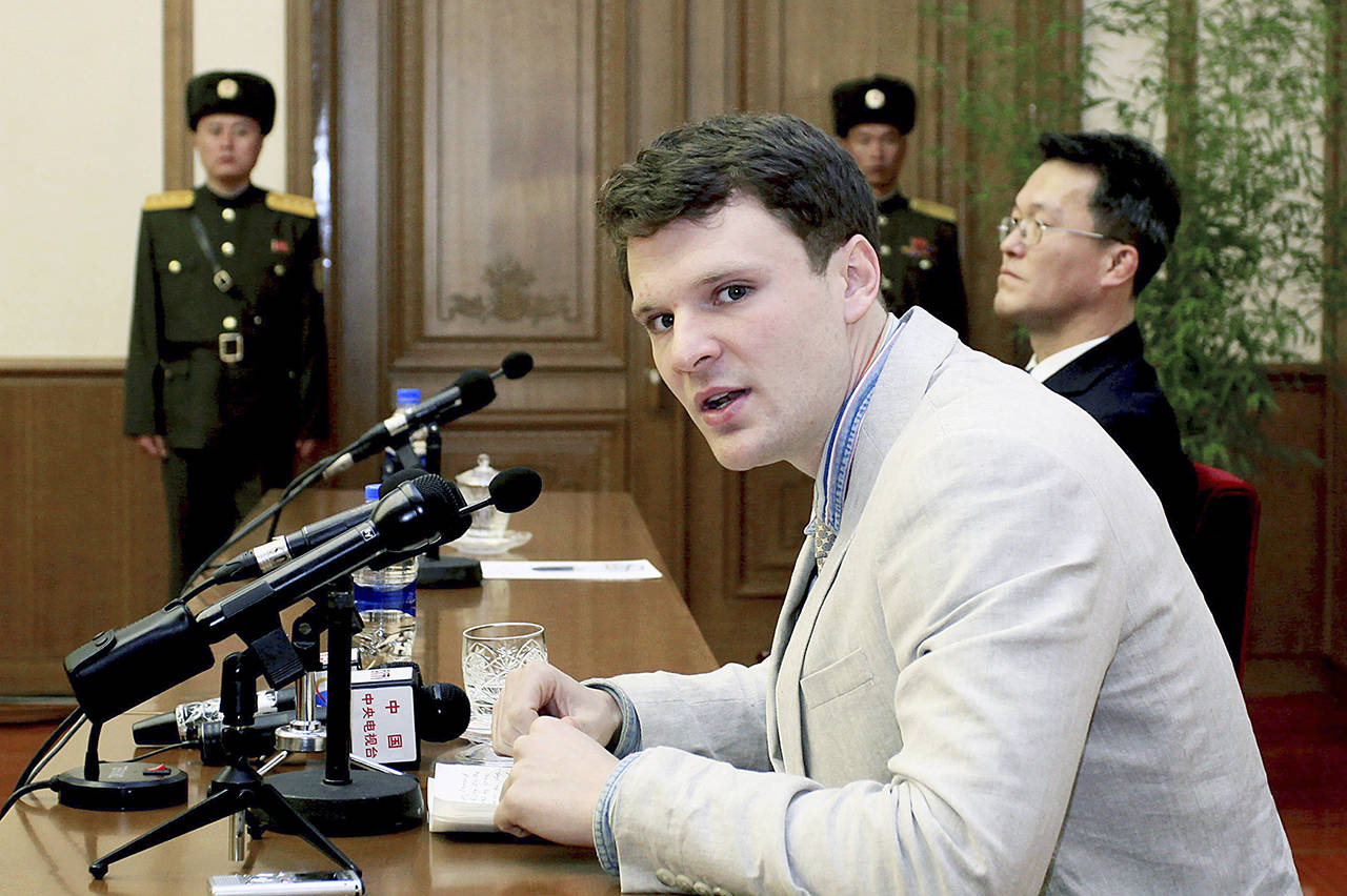 associated press file                                American student Otto Warmbier speaks to reporters in Pyongyang, North Korea, last year.