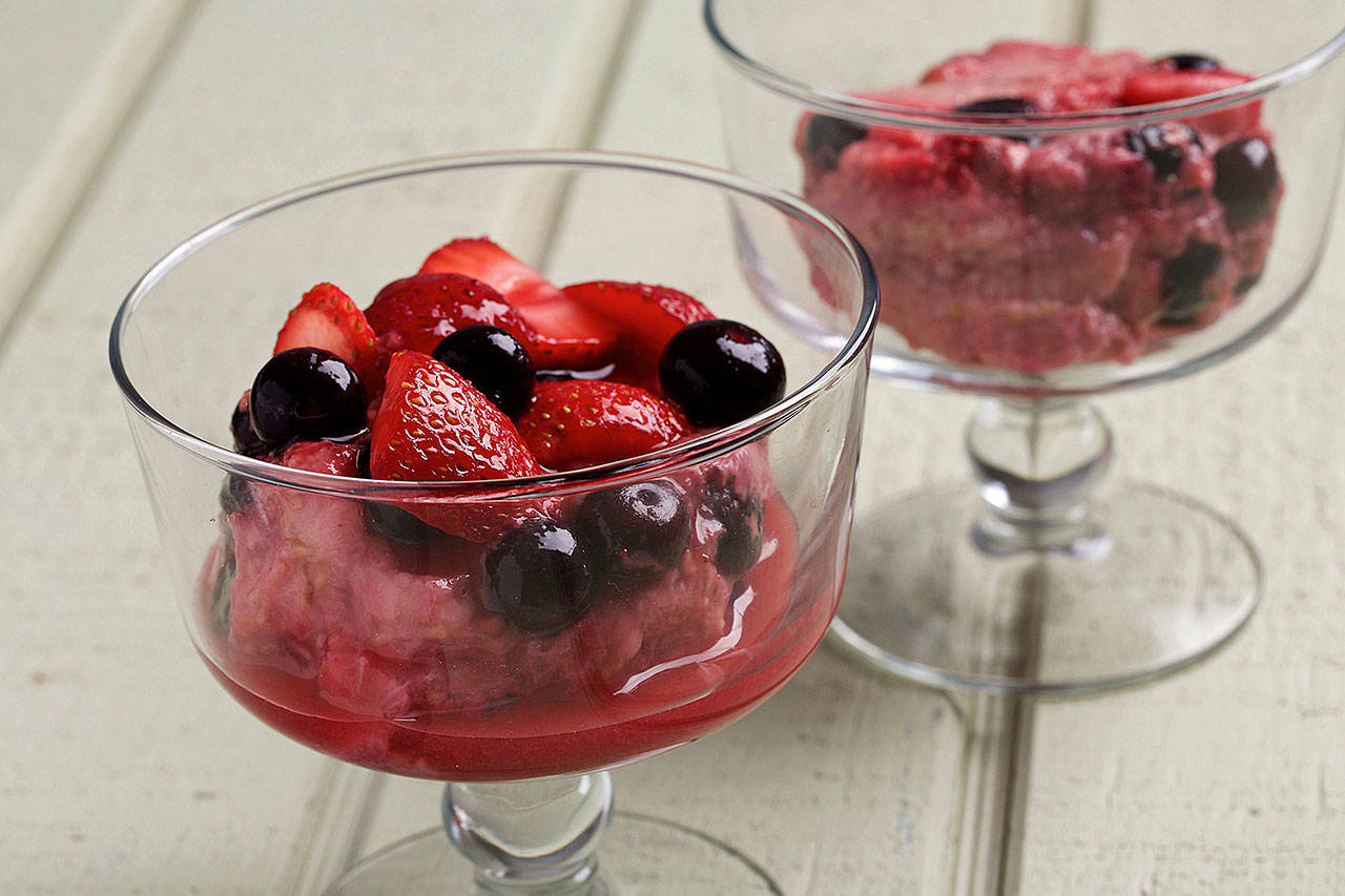 These British puddings are made with summer berries and sweetened with bananas and honey. (Photo by Deb Lindsey for The Washington Post)