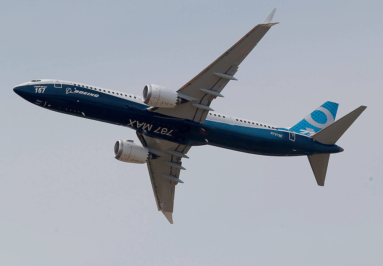 A Boing 737 MAX 9 performs a demonstration flight at the Paris Air Show on Tuesday. (AP Photo/Michel Euler)