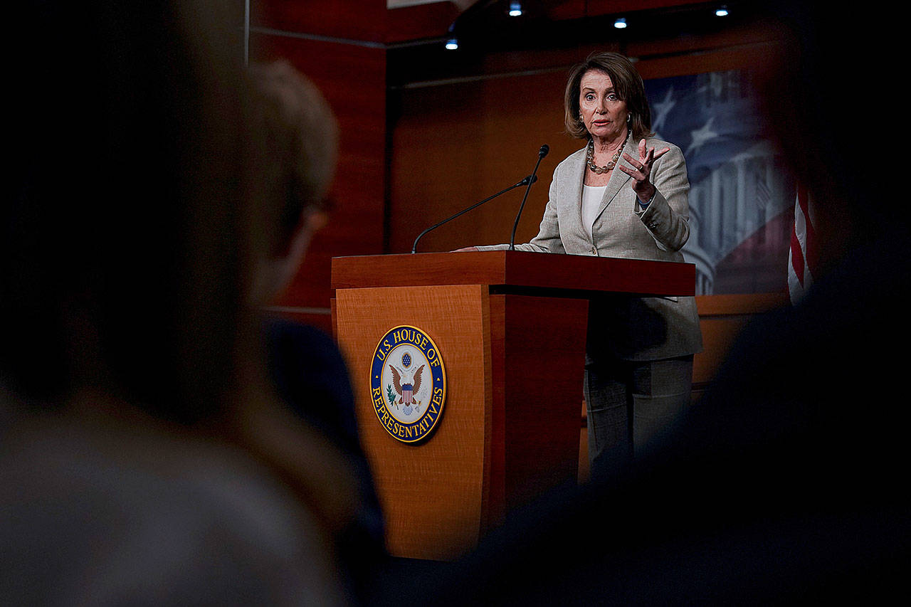 House Minority Leader Nancy Pelosi, of California, speaks in Washington on May 25. (AP Photo/Andrew Harnik)